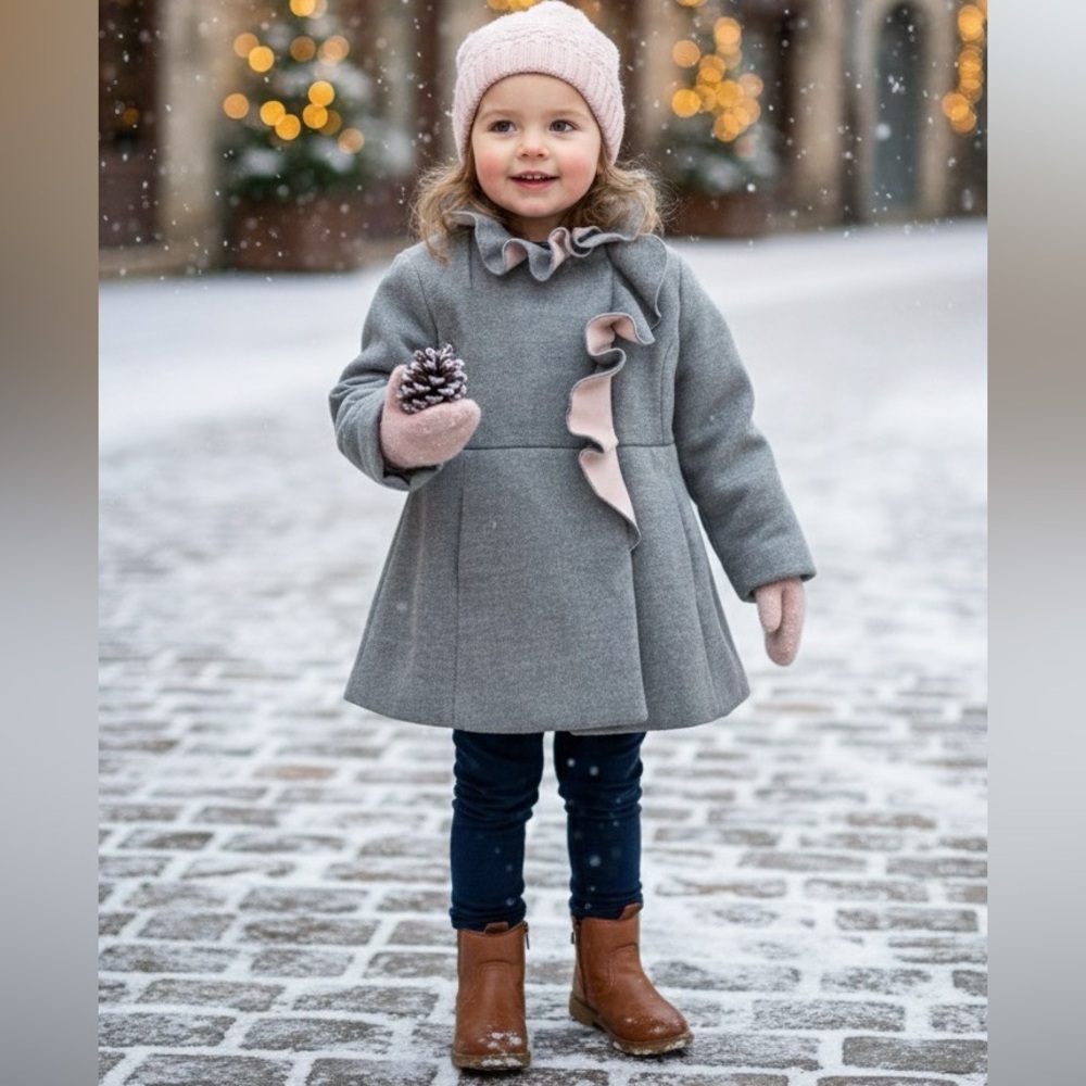 Rothschild Gray & Pink Ruffle Trim Coat